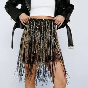 Tassel Beaded Metallic Mini Skirt